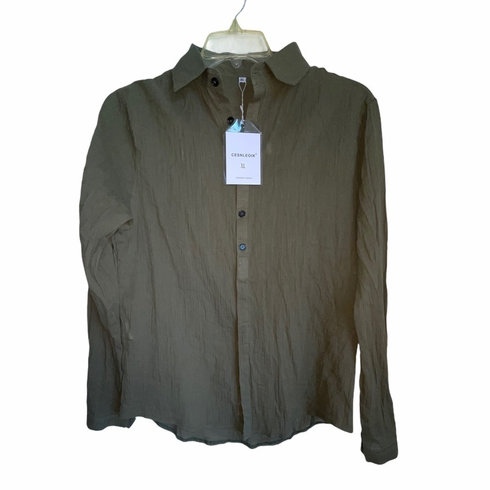 NWT-Cesnleoik Green Linen Button Down Shirt - Picture 3 of 8